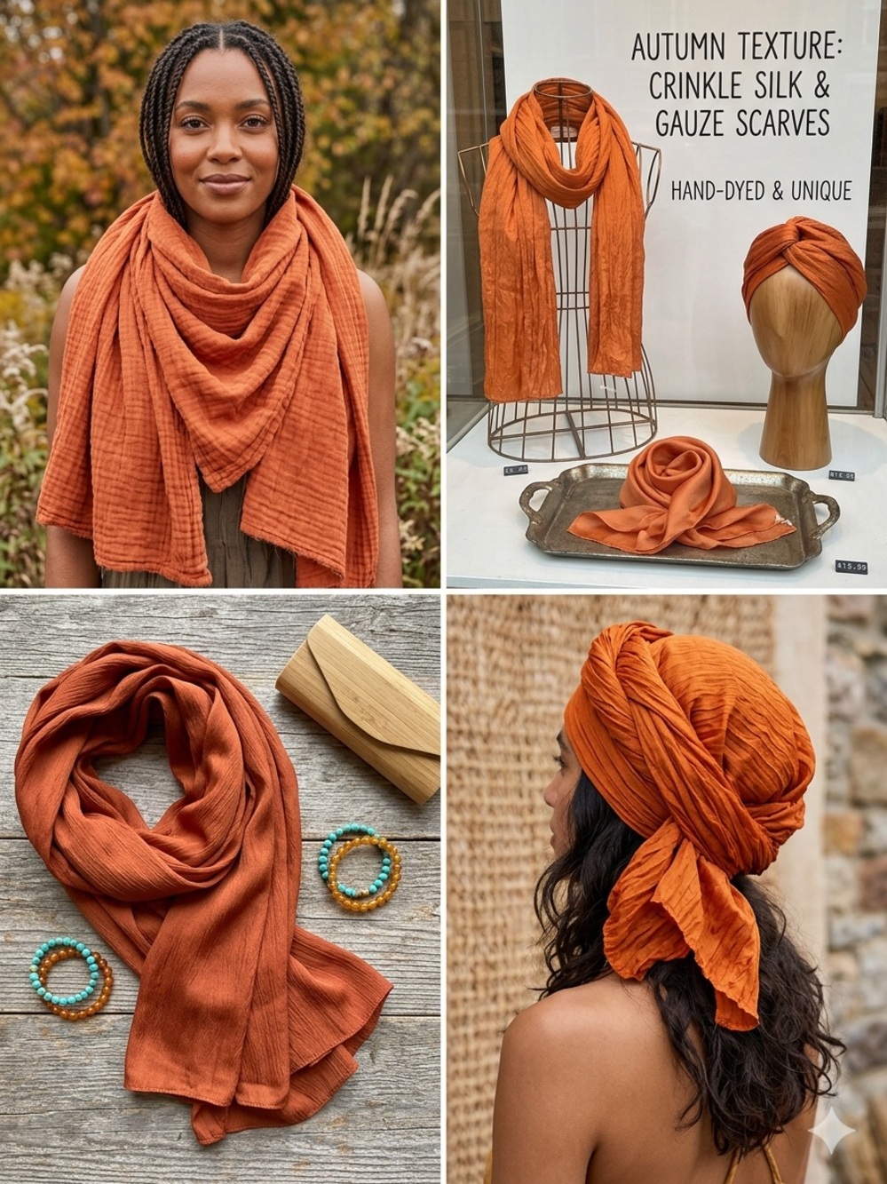 H&M Lightweight Orange Crinkle Scarf – Boho Fringe Summer Wrap Oversized EUC